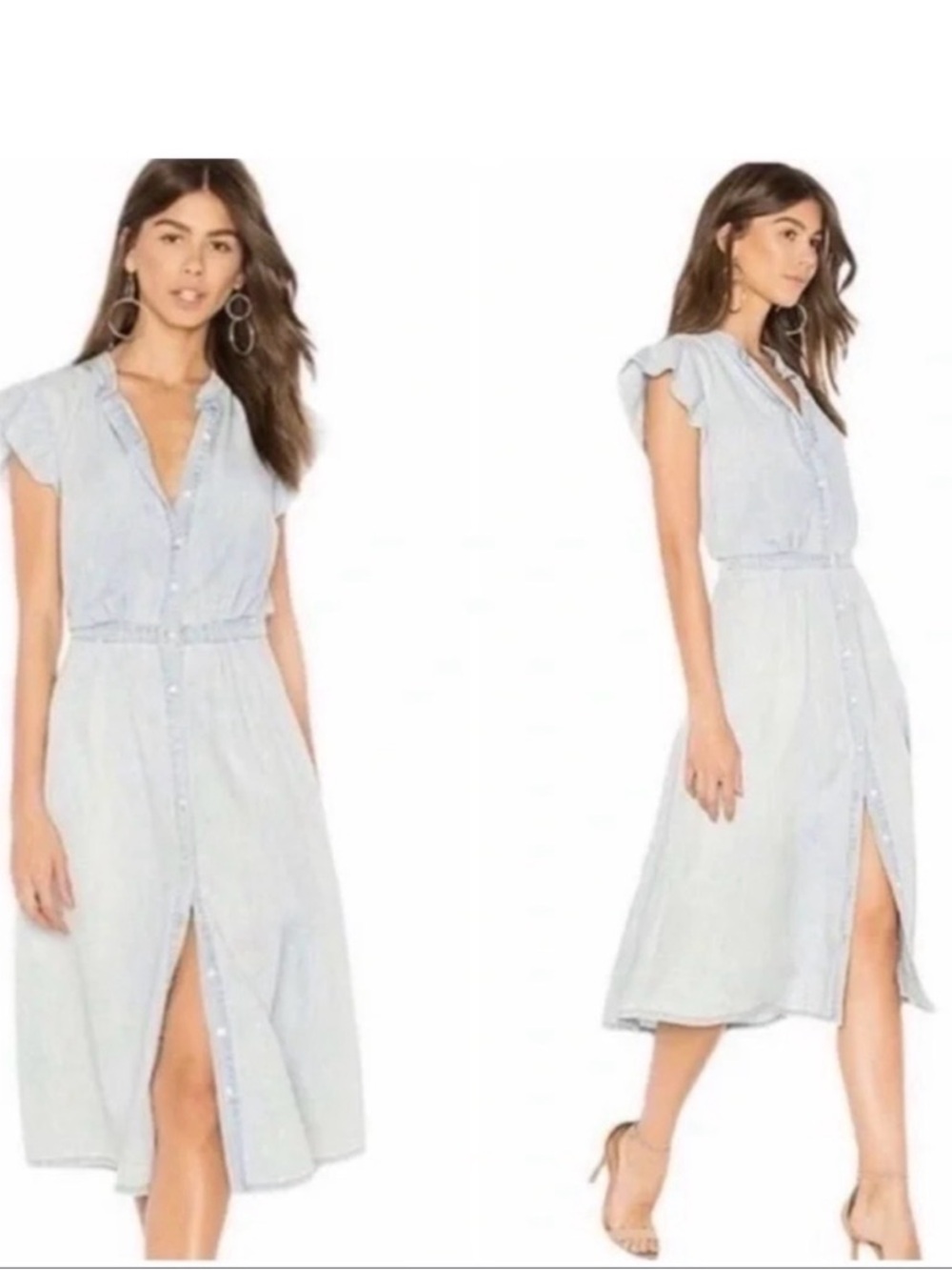 Joie Light Blue Button-Front Midi Dress with Flutter Sleeves